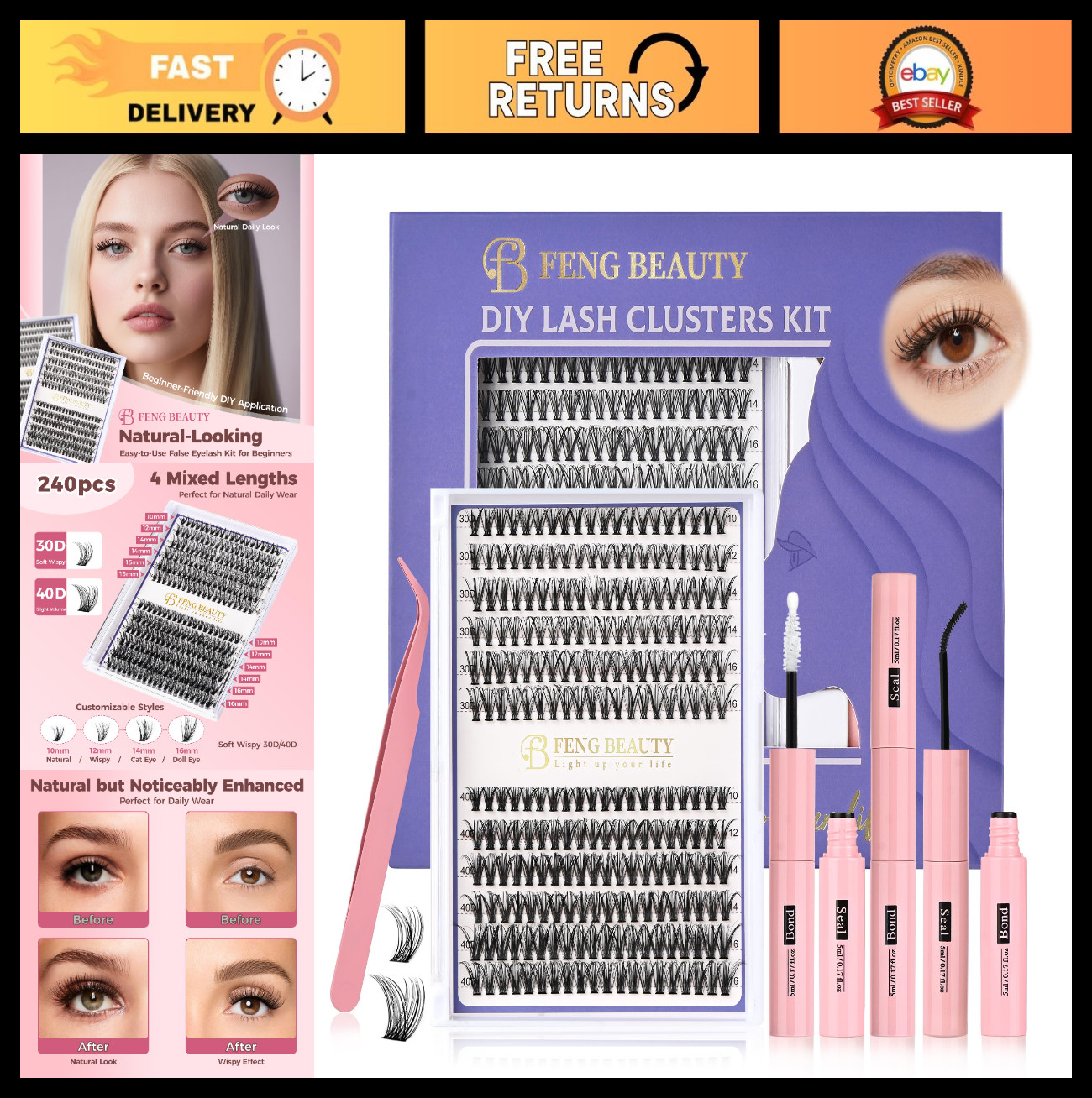 Natural Eyelash Clusters Kit – 240PCS Mixed Lengths 10-16mm, Wispy Fluffy Look,