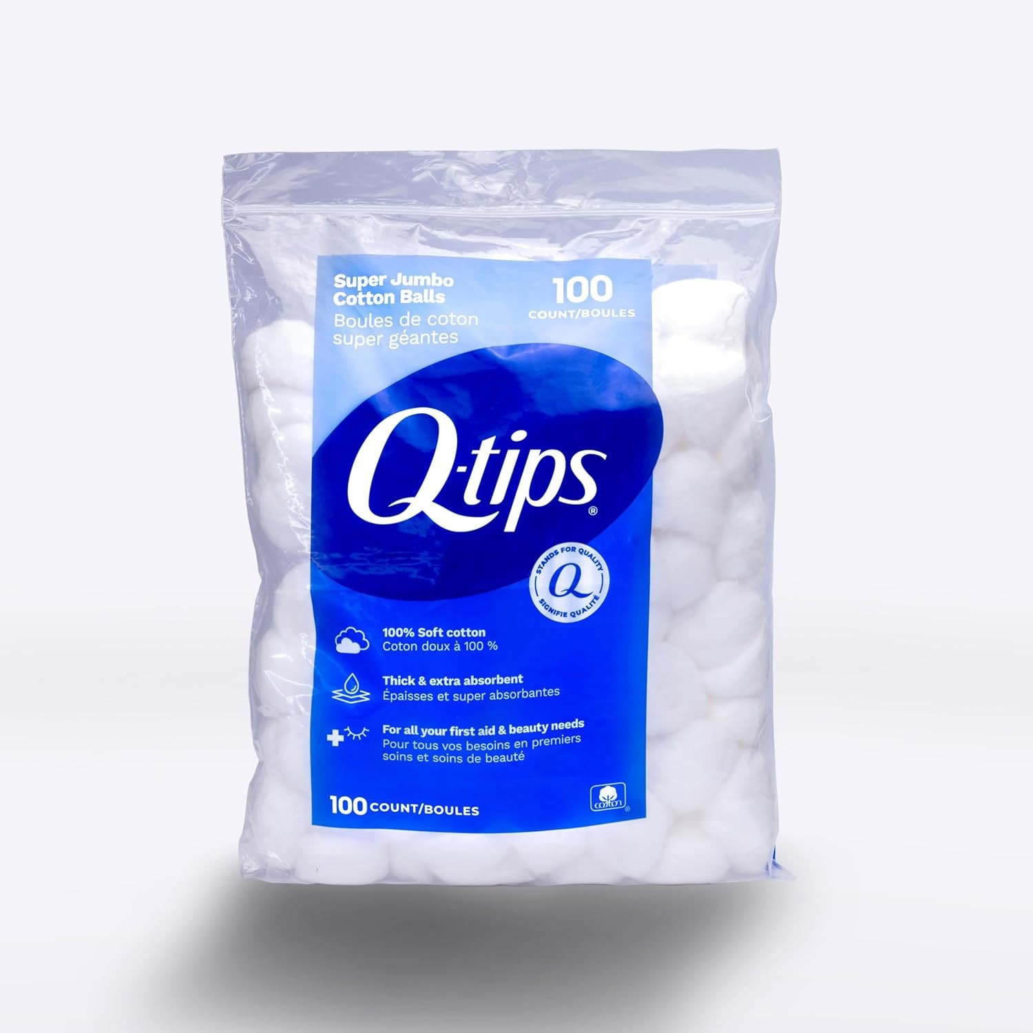 Q-Tips 100 Count Super Jumbo Cotton Balls, 100% Thick Cotton for Beauty