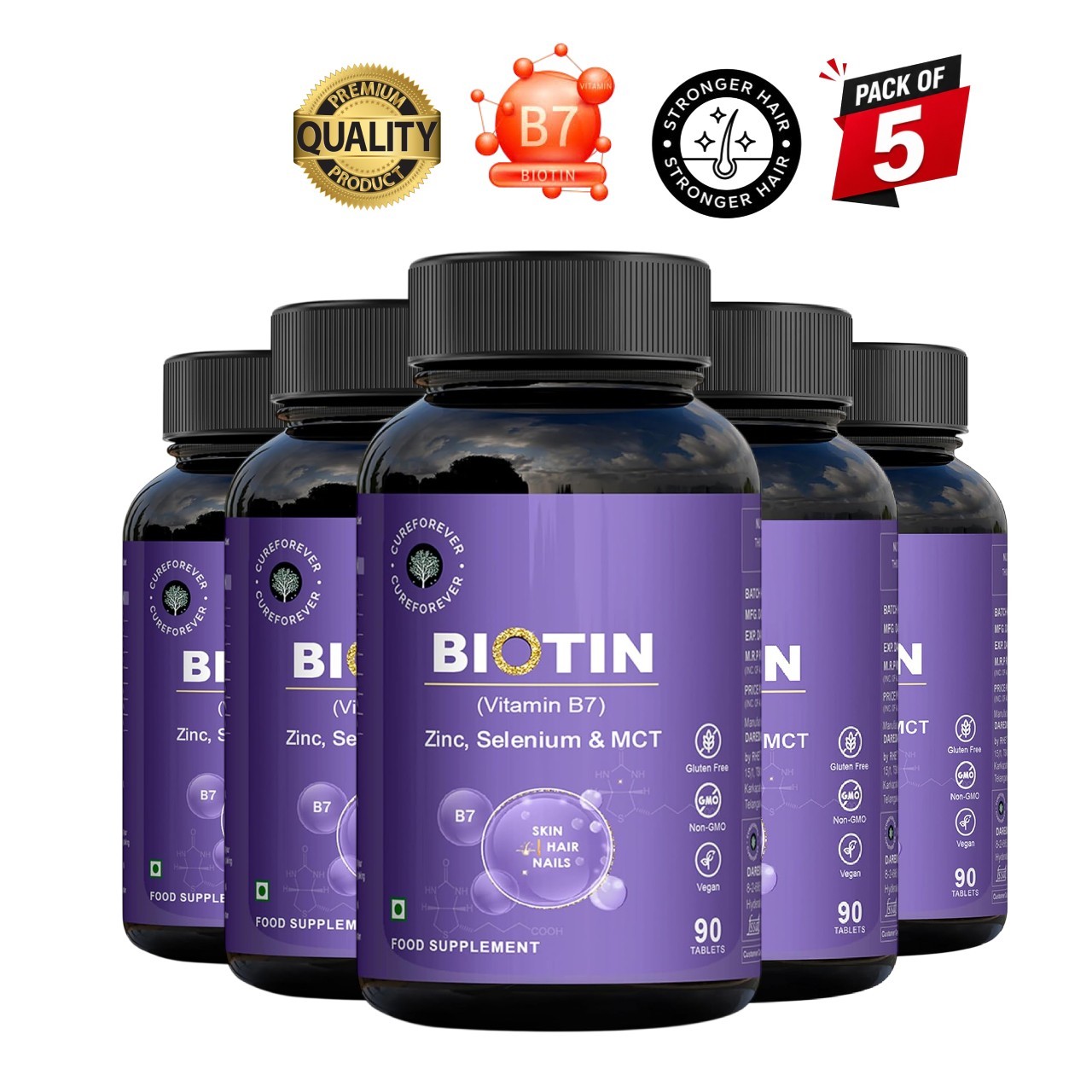 5 Pack CURE.FOREVER Biotin Zinc Selenium 90 Veg Tablets
