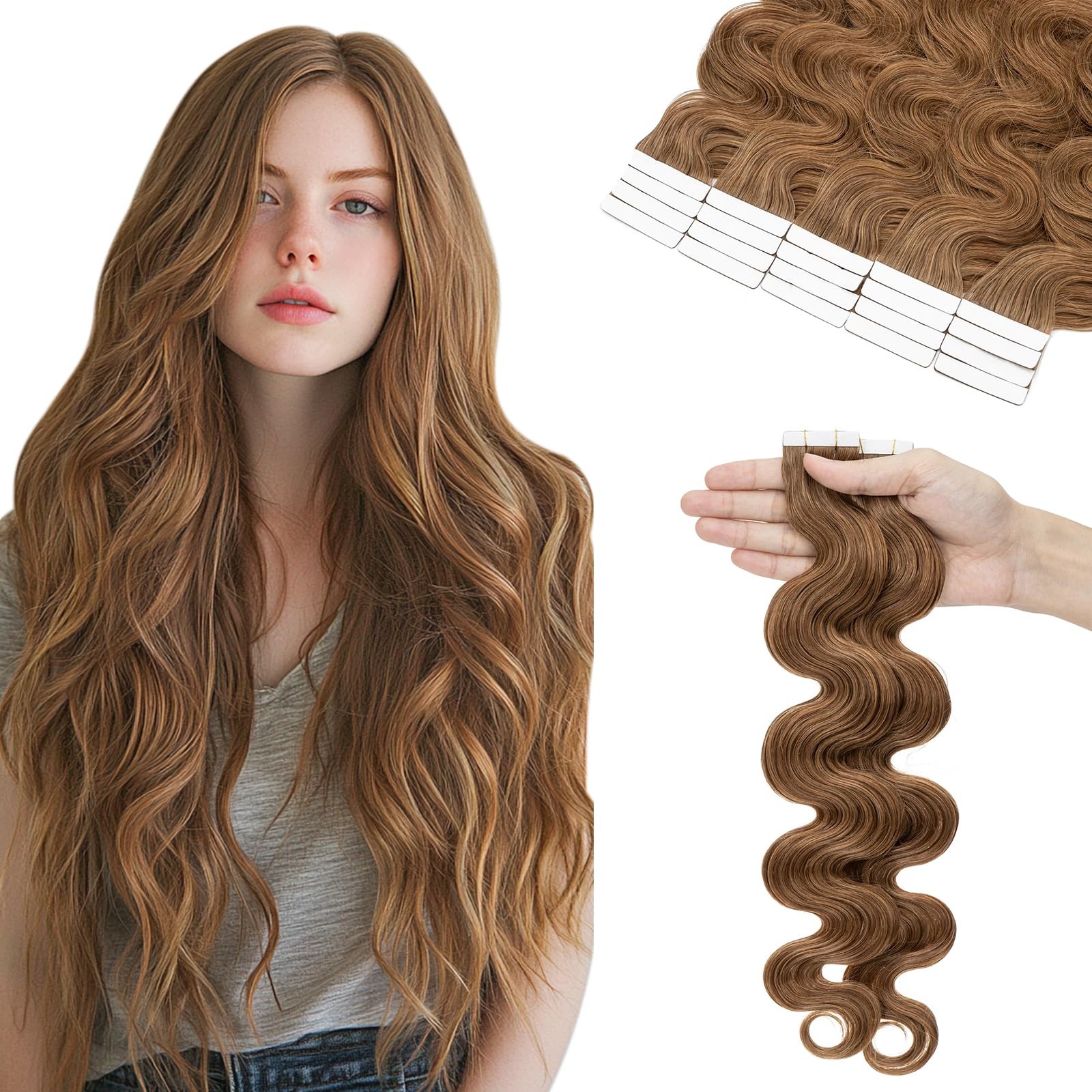 Hairro 14 Inch Tape In Hair Extensions Body Wave Human Hair Blondish Brown