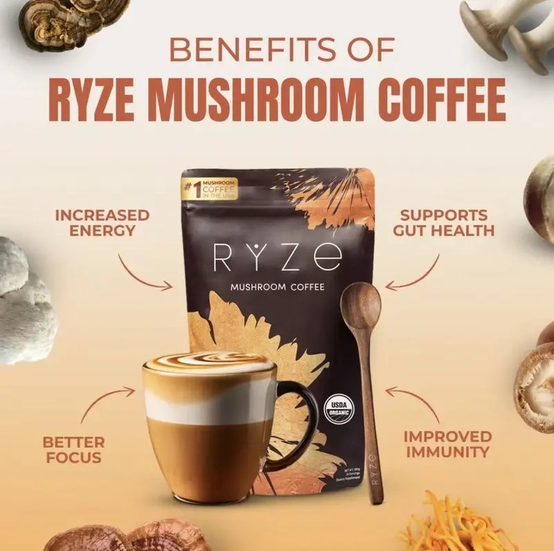 RYZE SUPERFOODS Organic Mushroom Coffee, 6 Adaptogenic Mushrooms | Energy, Focus