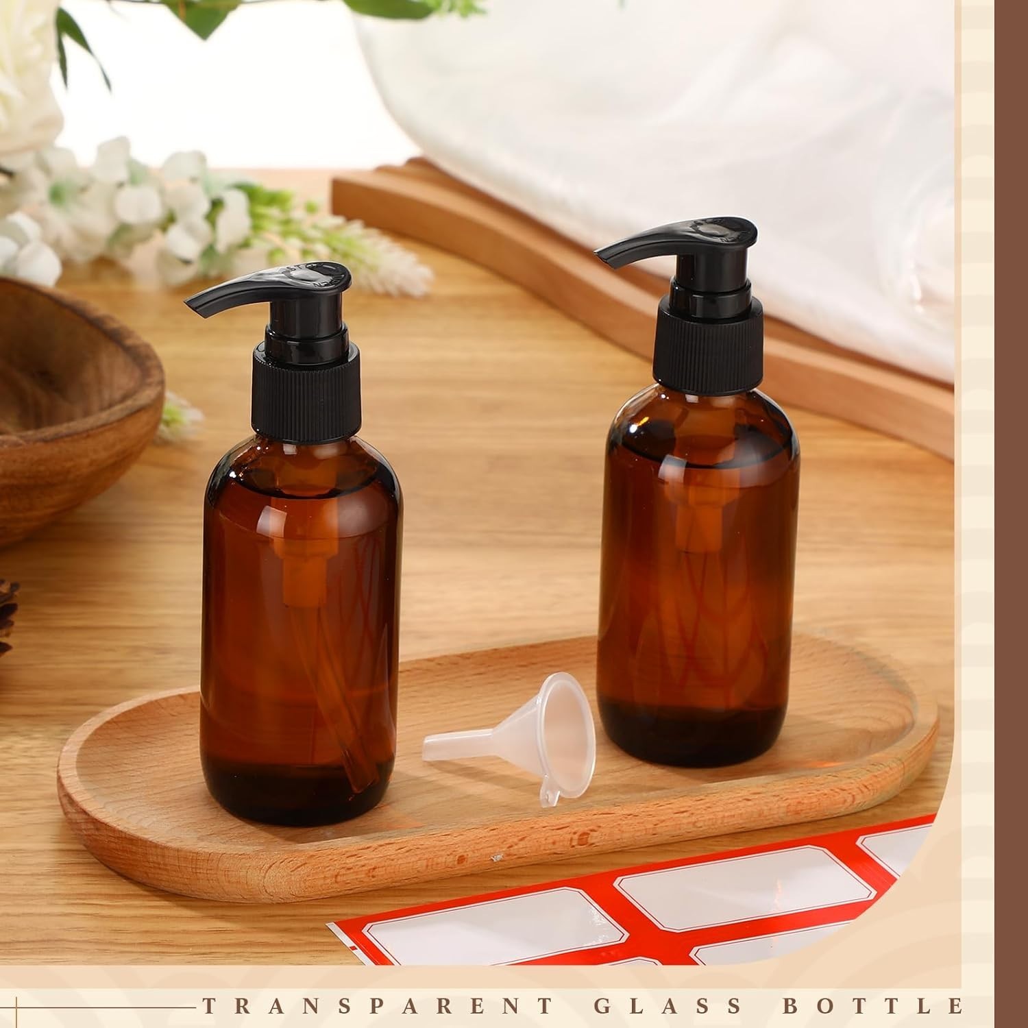 2 Pack 4oz Amber Glass Bottles Refillable with Pump, Funnel & Label for Oils