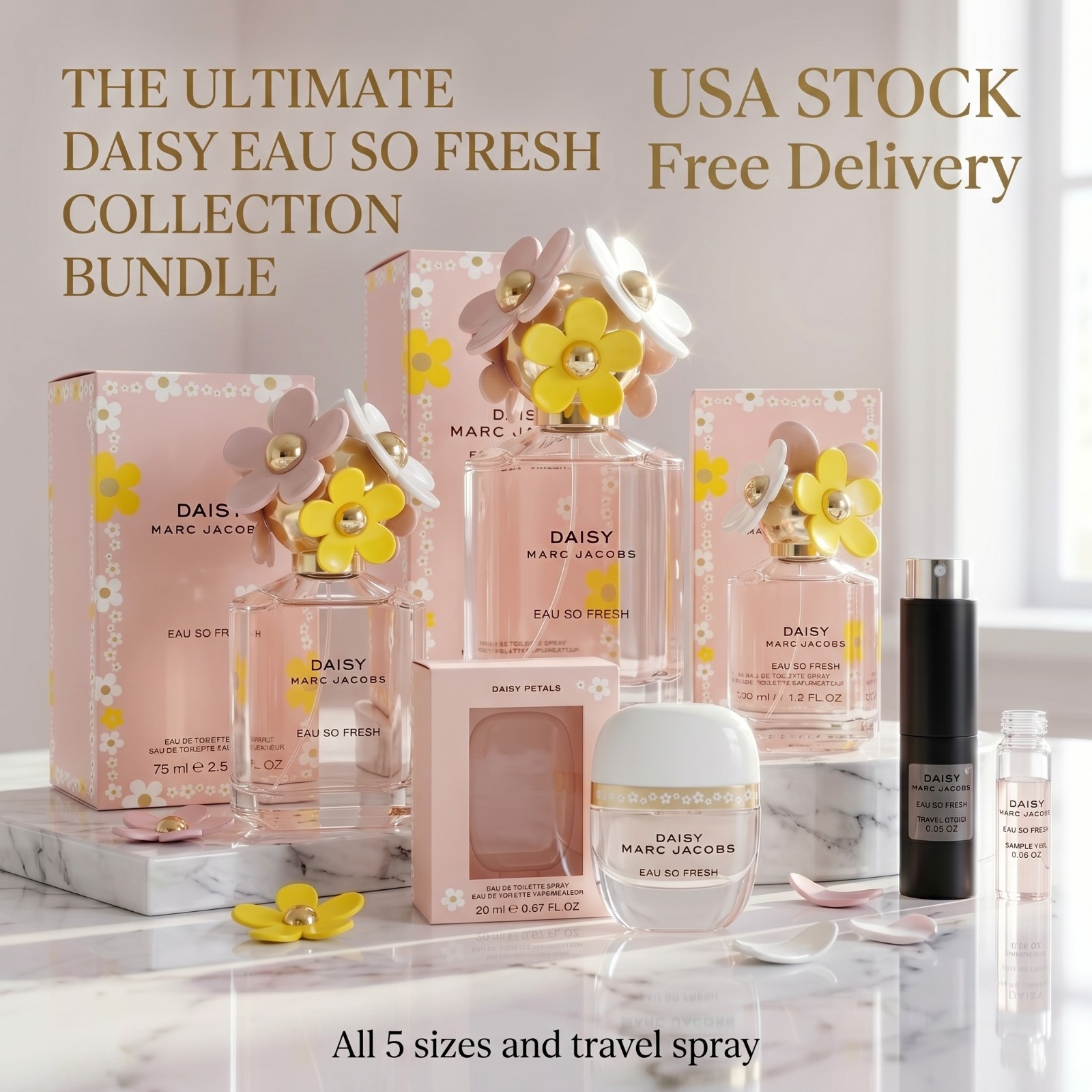Marc Jacobs Daisy Eau So Fresh 5pc Bundle EDT 4.2oz 2.5oz 1.2oz Travel Spray NIB