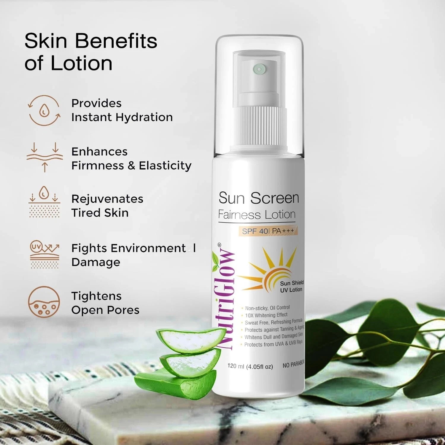 NutriGlow Sunscreen Body Lotion SPF 40 & PA+++, Non Greasy, Broad Spectrum 120ml