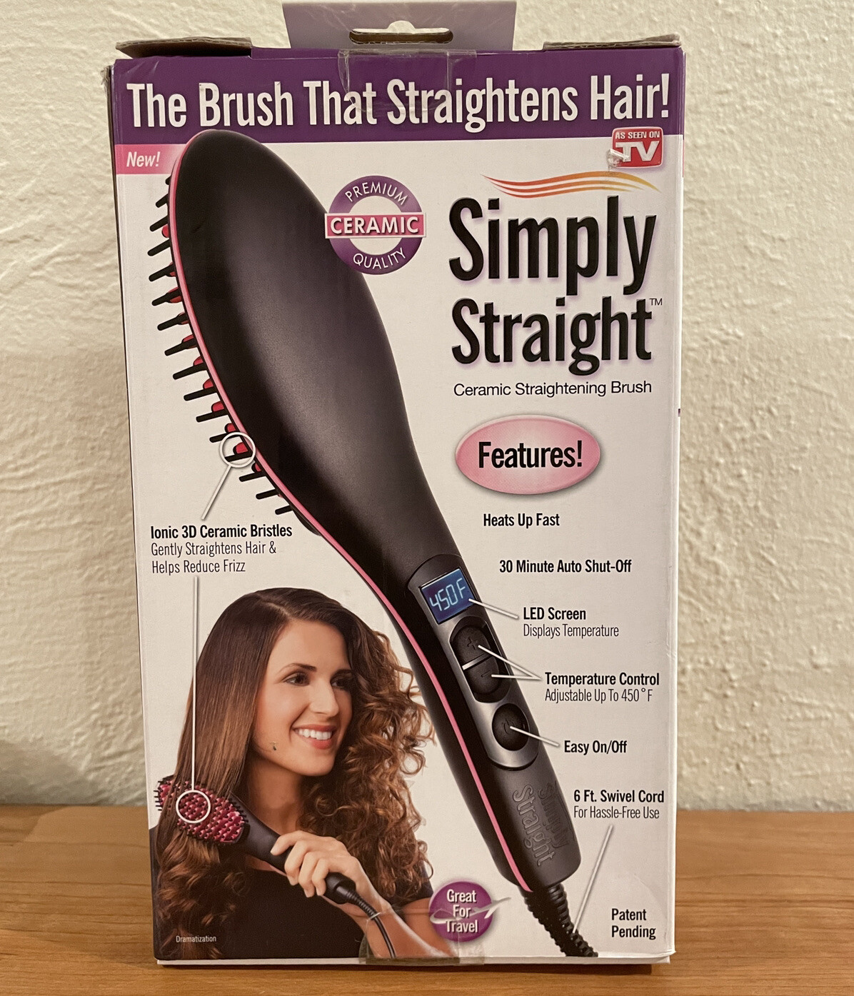 Simply Straight Ceramic Hair Straightening Brush Black/Pink NIB
