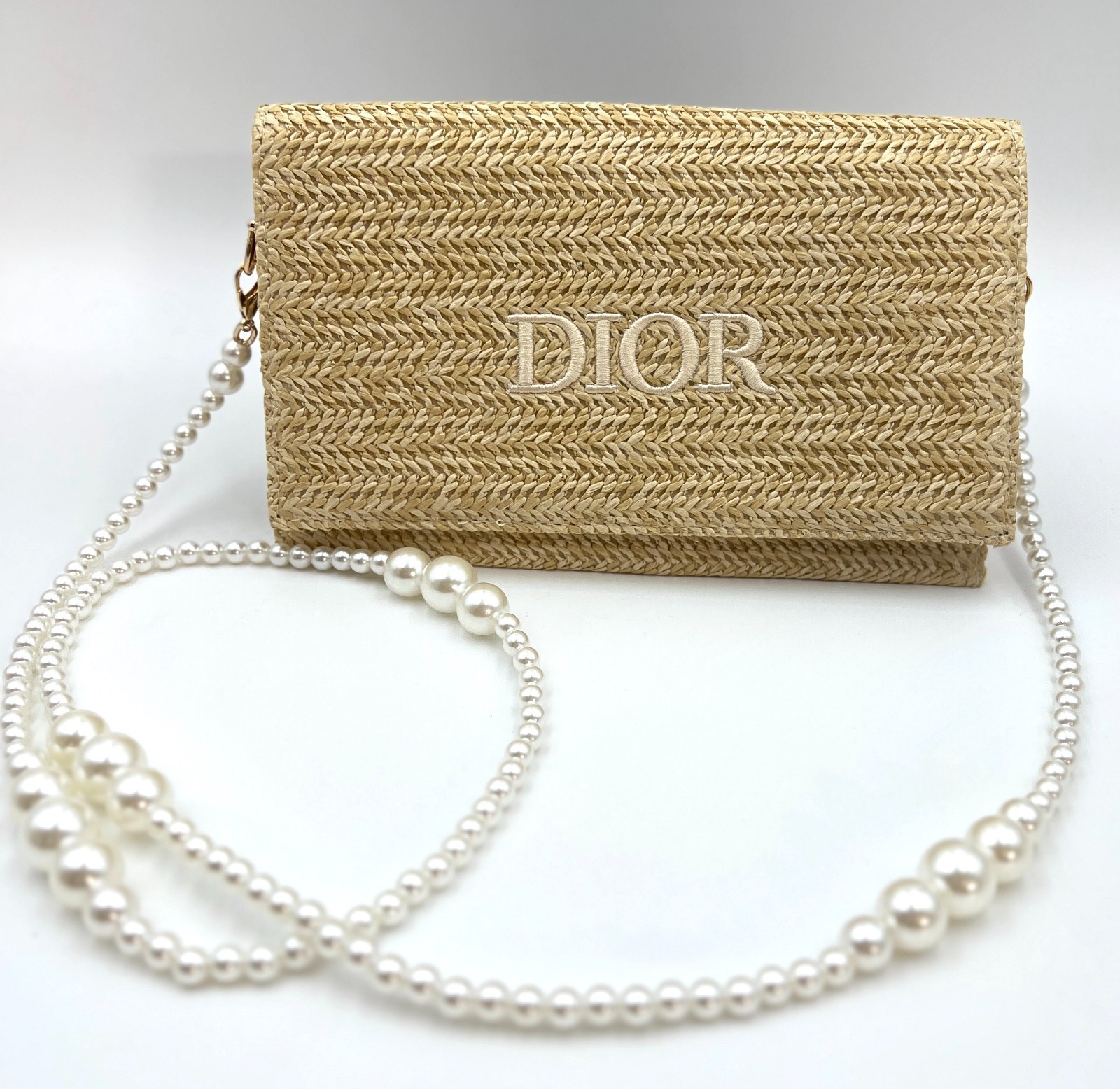 Christian Dior Straw Raffia Woven Cosmetic Zipper Bag Pouch with Chain With Box