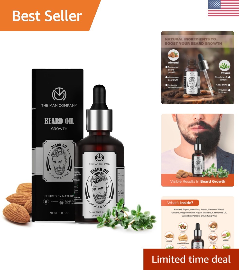 100% Natural Beard Oil with Almond & Thyme – Promote Growth & Shine – 1.1 Oz