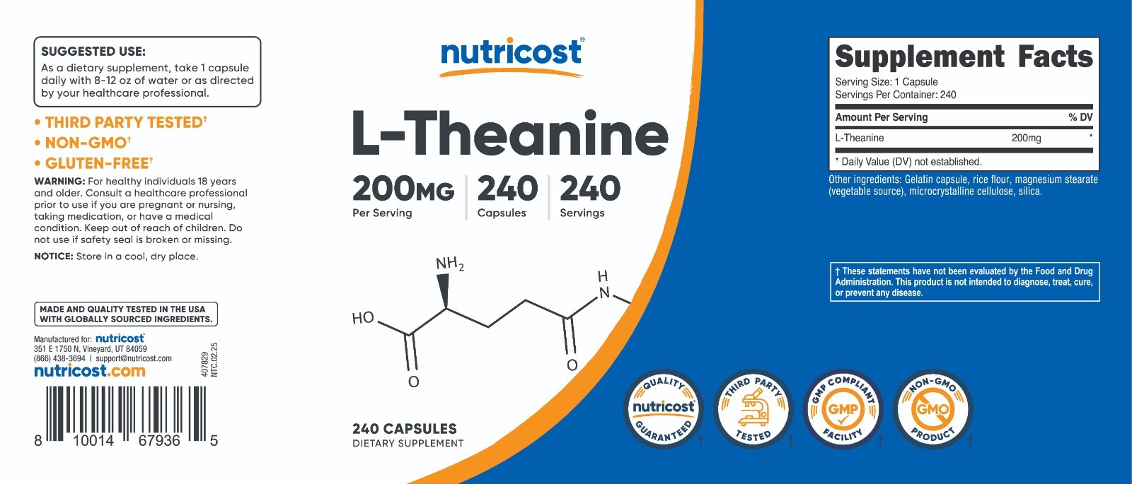 Nutricost L-Theanine 200mg, 240 Capsules – Double Strength