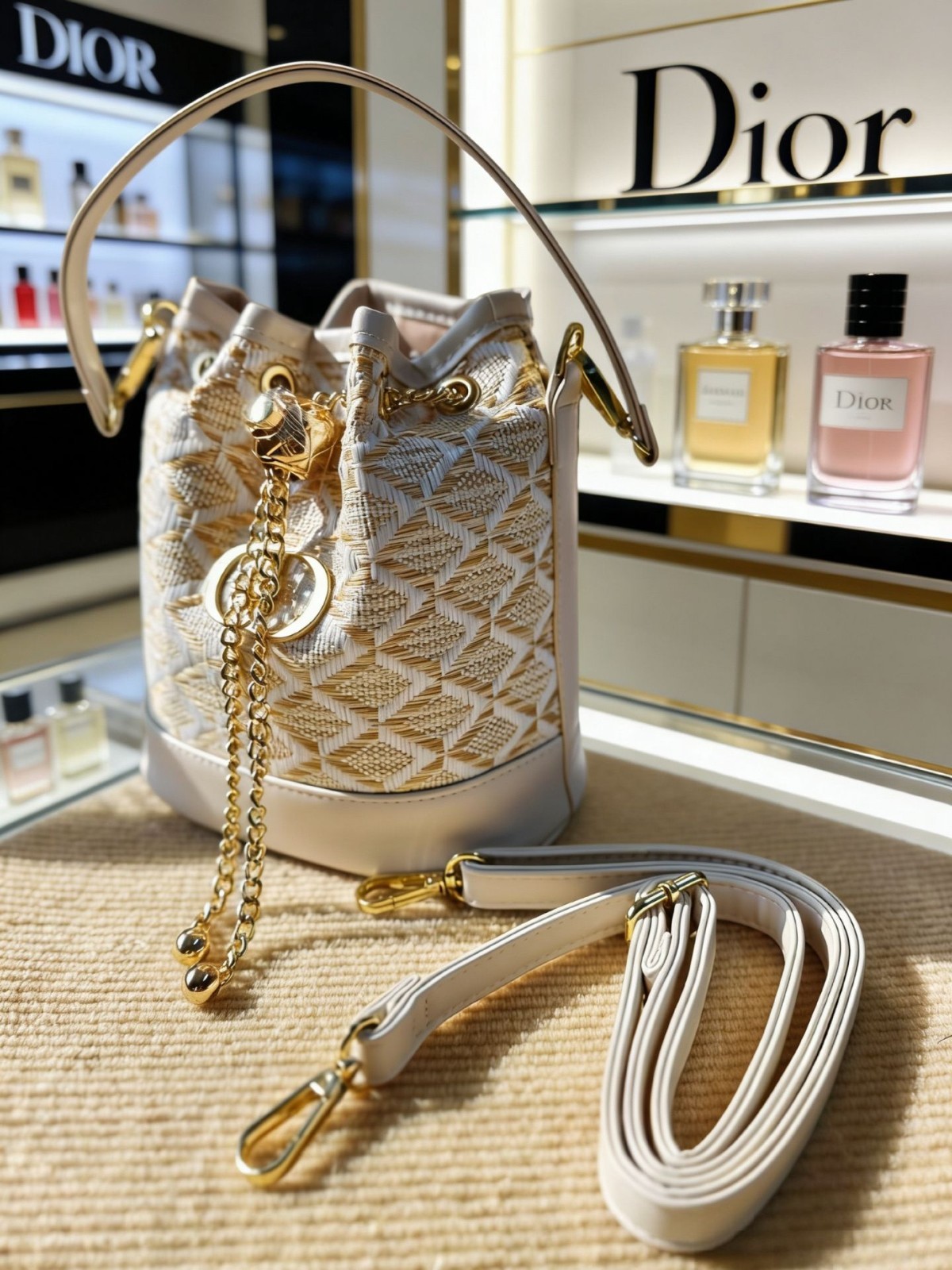 Makeup VIP GIFT C D Beauty Lace Bucket Bag Gold Chain Drawstring Crossbody Purse