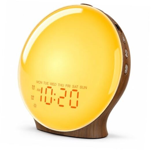 Full-Screen Wake Up Light Sunrise Alarm Clocks for Bedrooms, White Walnut Wood