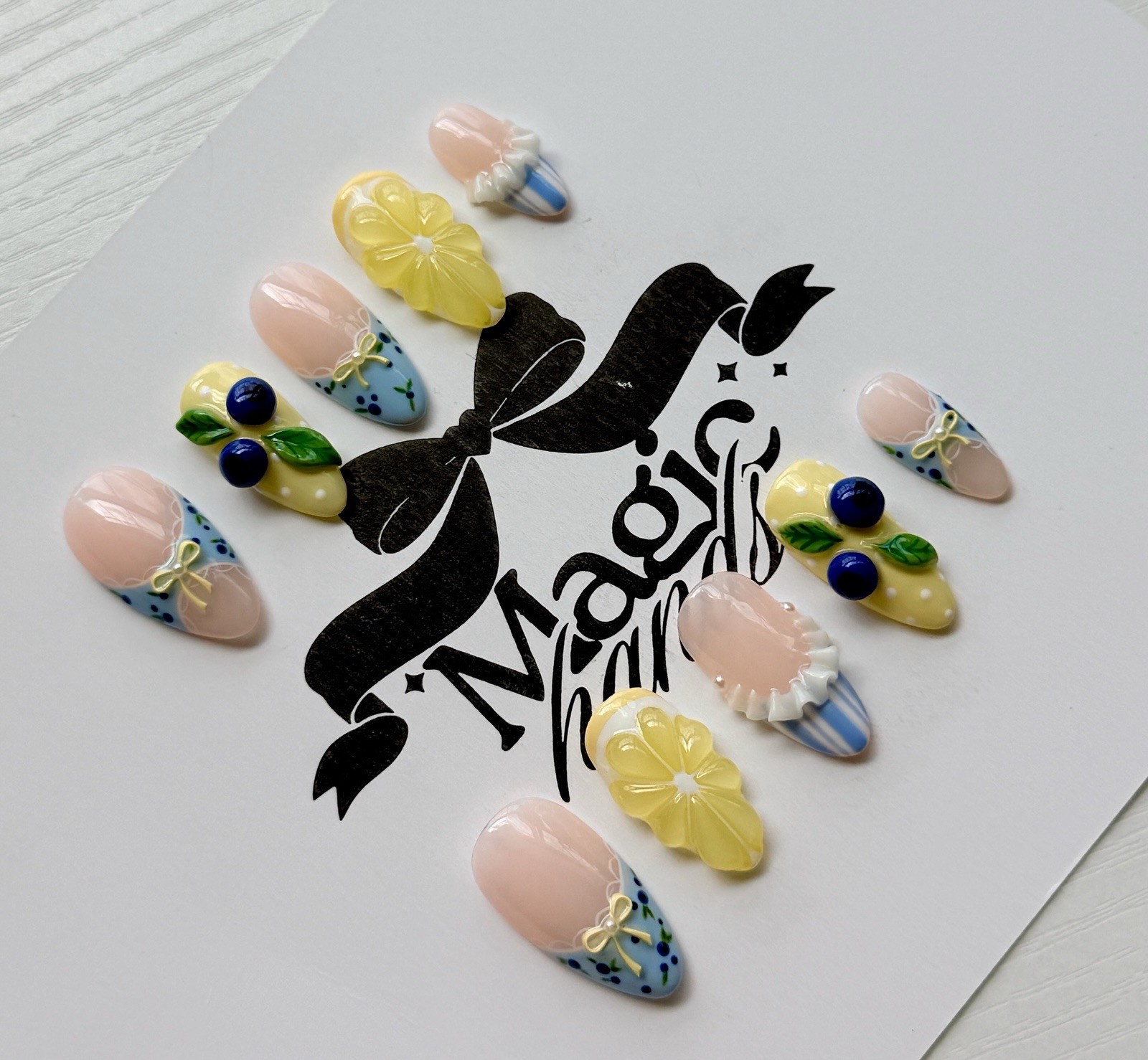 Handmade Press On Nails CUSTOM Blueberry Lemon Reusable Gel Nail Set