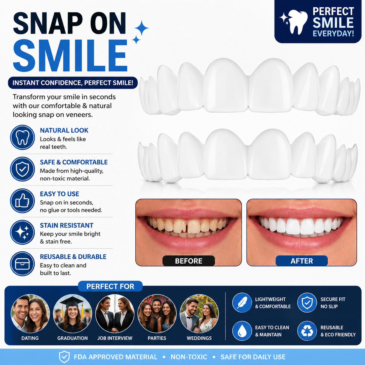 Snap On Smile Veneers Teeth Cover Silicone Fake Tooth Whitening Upper Dental Cov