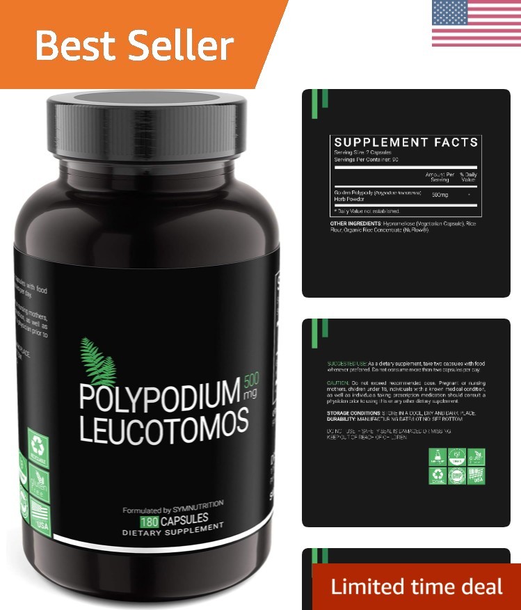 Polypodium Leucotomos 500mg 180 Count V-Capsules / 90 Servings: Manufactured …