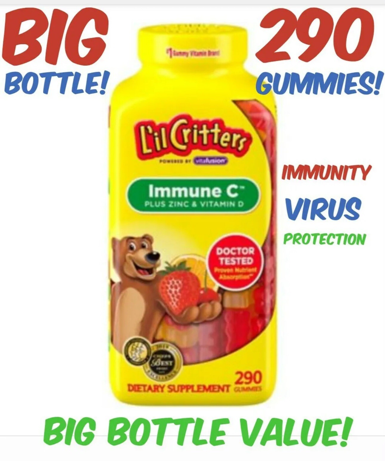 290 Count Lil Critters IMMUNE C Plus Zinc Vitamin C D GUMMIES Dietary Supplement