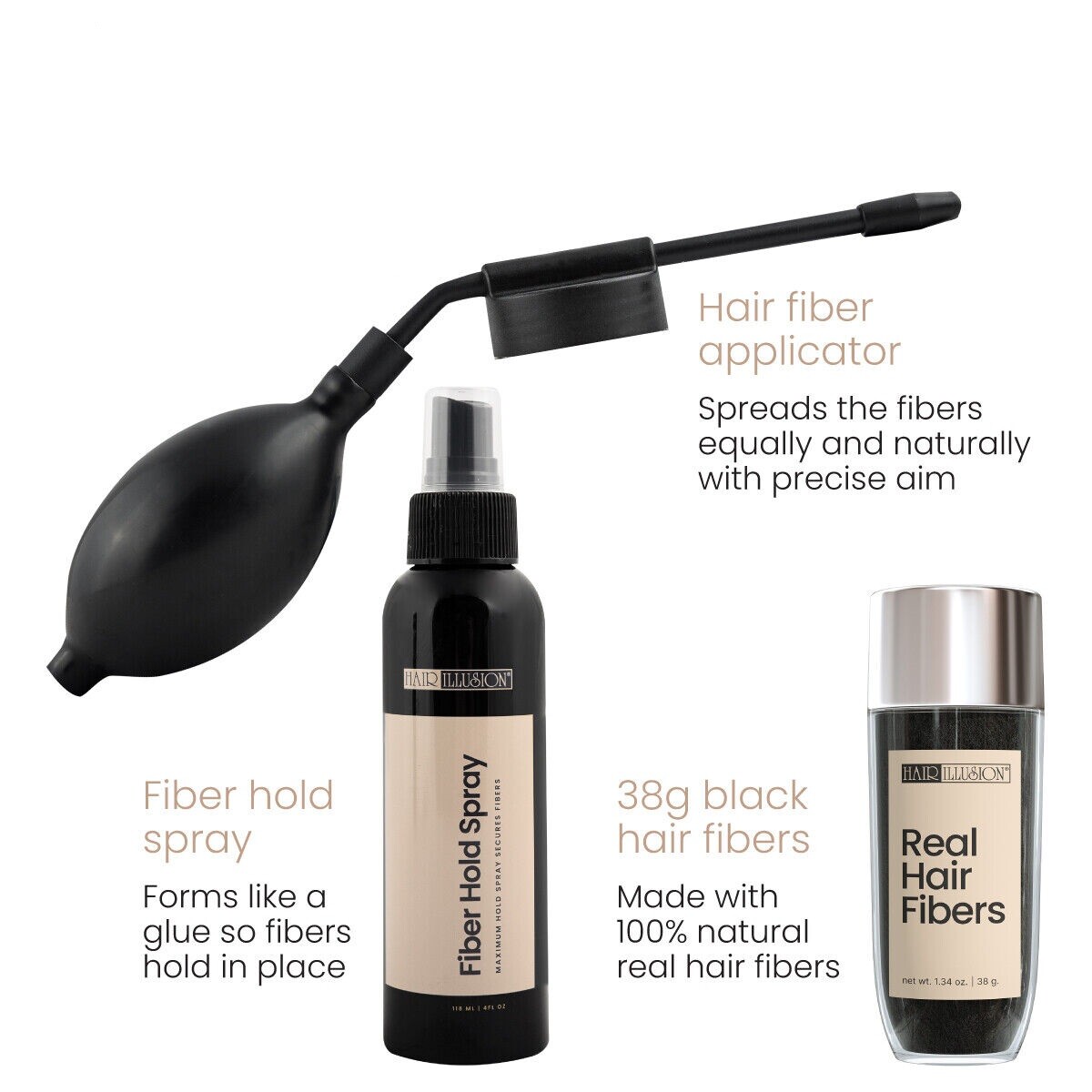 Hair Loss Treatment kit combo Pack by HAIR ILLUSION – 100% Real Human Hair Fiber
