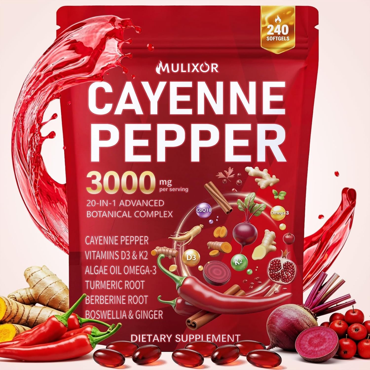 Cayenne Pepper Softgels, 20-in-1 Cayenne Pepper Capsaicin Supplements with D3…