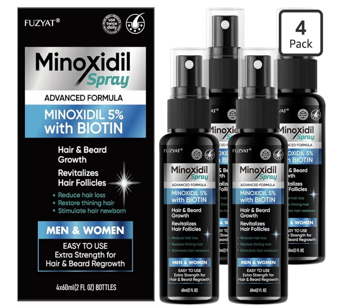 Minoxidil+Biotin FUZYAT Hair Growth Spray 4-Pack 5% 60 mL/2 fl oz