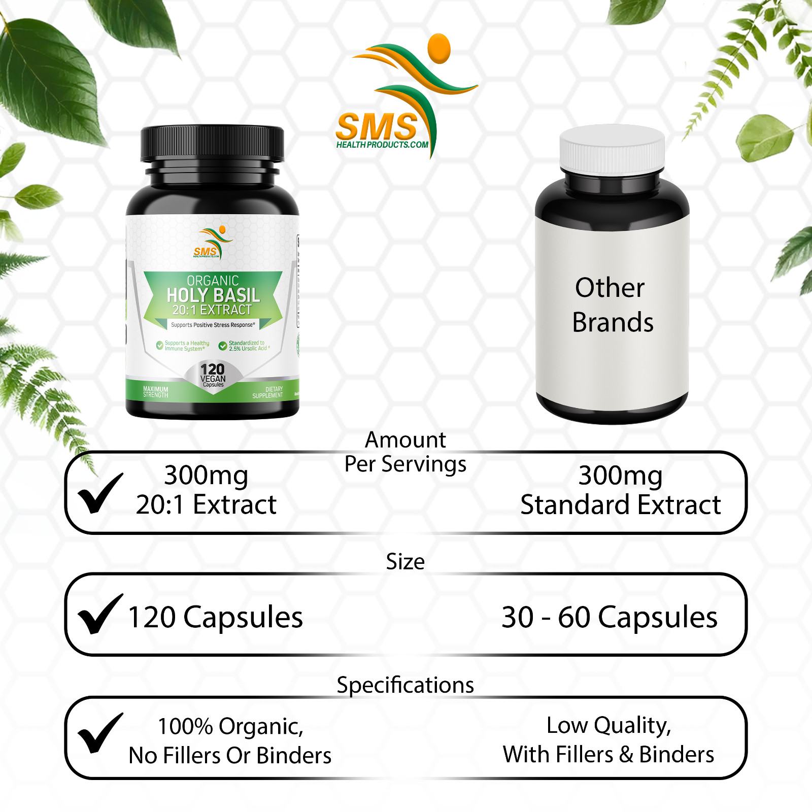 Organic Holy Basil 20:1 Extract 2.5% Ursolic Acid (120 Veg Capsules) Made In USA