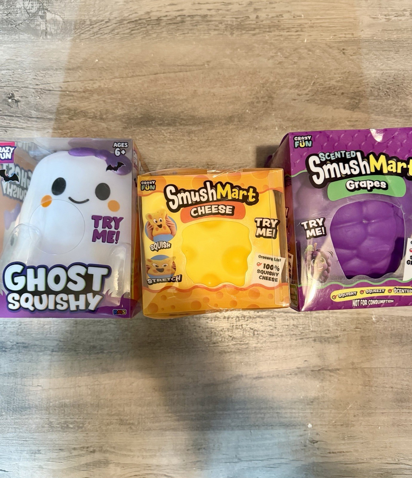 Lot of 3 Crazy Fun Squishy Toys Ghost Squishy SmushMart Cheese Grape RMS