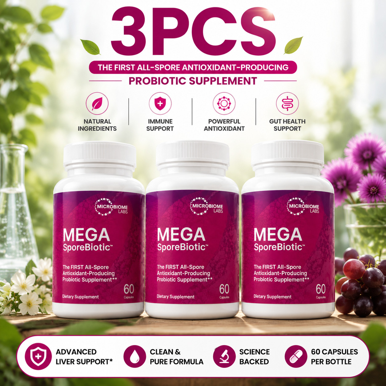 3X BOTTLES Mega Sporebiotic 60 Capsules Microbiome Labs, probiotic supplement