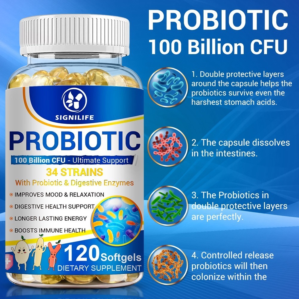 Probiotics Digestive Enzymes 100 Billion CFU Potency Immune Health 120 Capsules