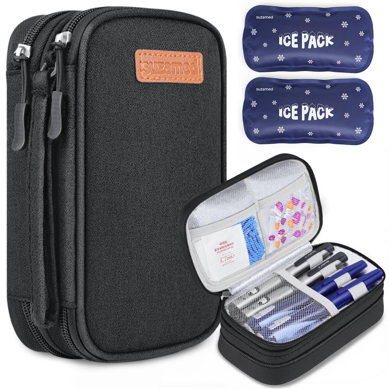 suzamed Insulin Cooler Travel Case, Double Layer Medicine Kit Black, Black