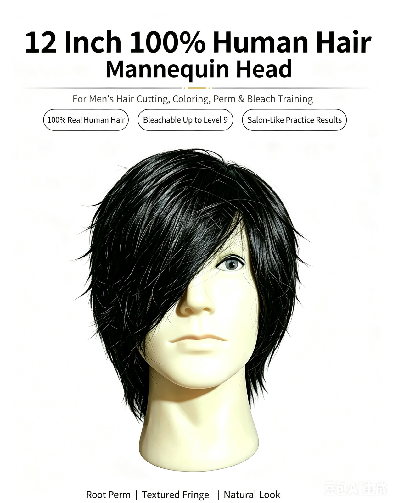 Male Mannequin Head with 100% Human Hair 12 Inch