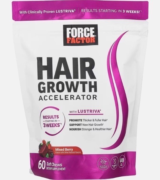 Force Factor Hair Growth Accelerator Lustriva Mixed Berry Soft Chews, Hair Thick