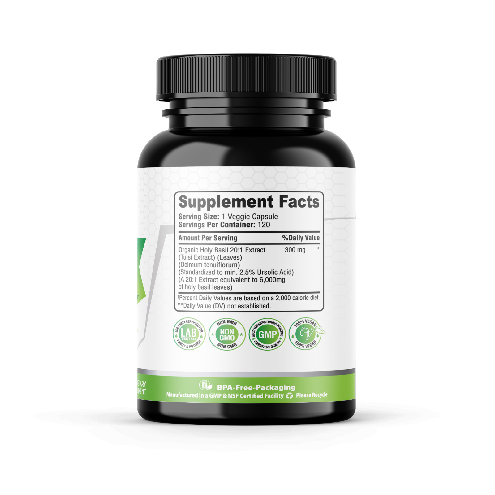 Organic Holy Basil 20:1 Extract 2.5% Ursolic Acid (120 Veg Capsules) Made In USA