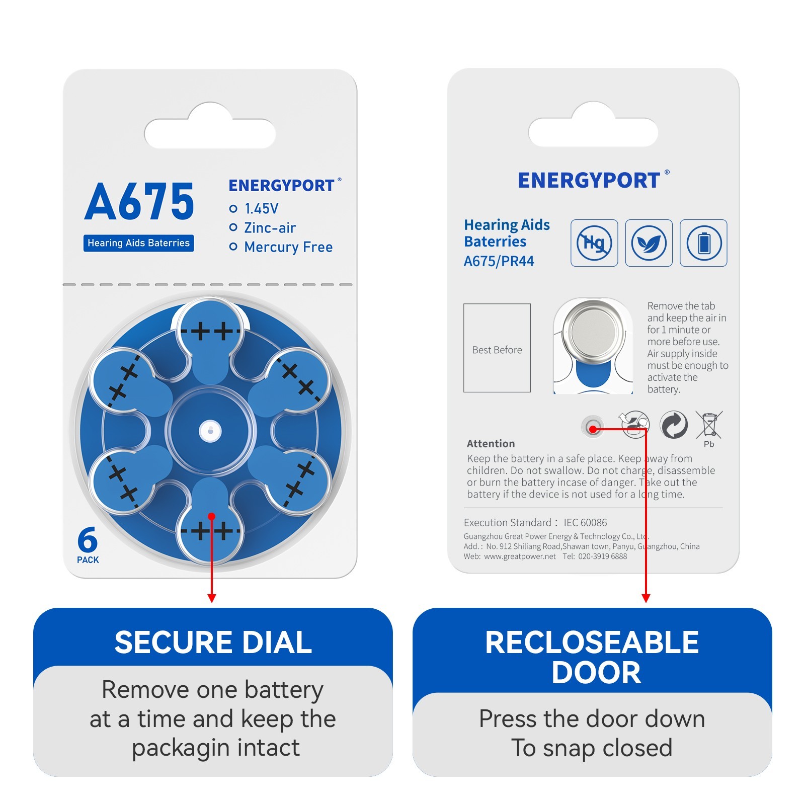 ENERGYPORT Size 675 Zinc Air 1.45V MERCURY FREE Hearing Aid Batteries (60 Cells)