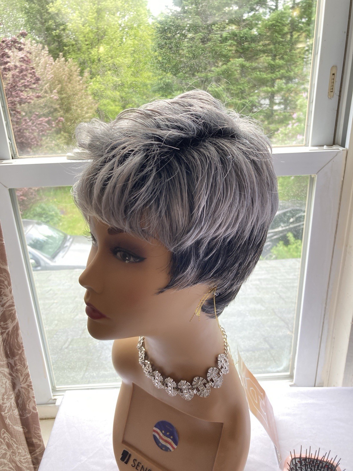 ANYTIME Austin Silver Gray Pixie Wig Rooted Synthetic Short Layered Style
