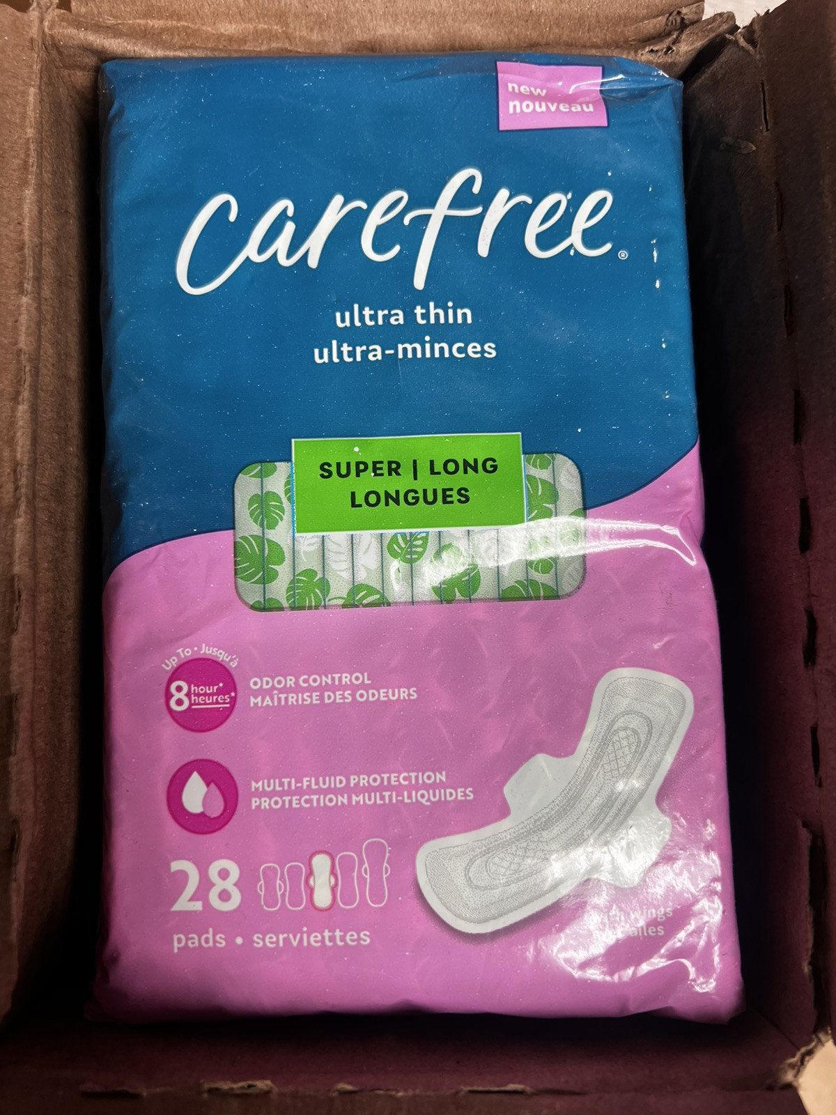 New Carefree Ultra Thin Pads, Super Long w/Wings, 8hr Odor Control, Case Of 3
