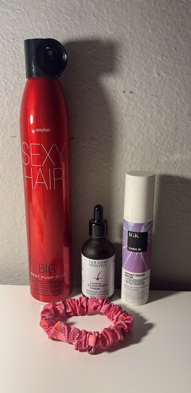 Sexy Hair Big Root Pump, IGK cash out, Nurish Mantra repair, Slip hair tie