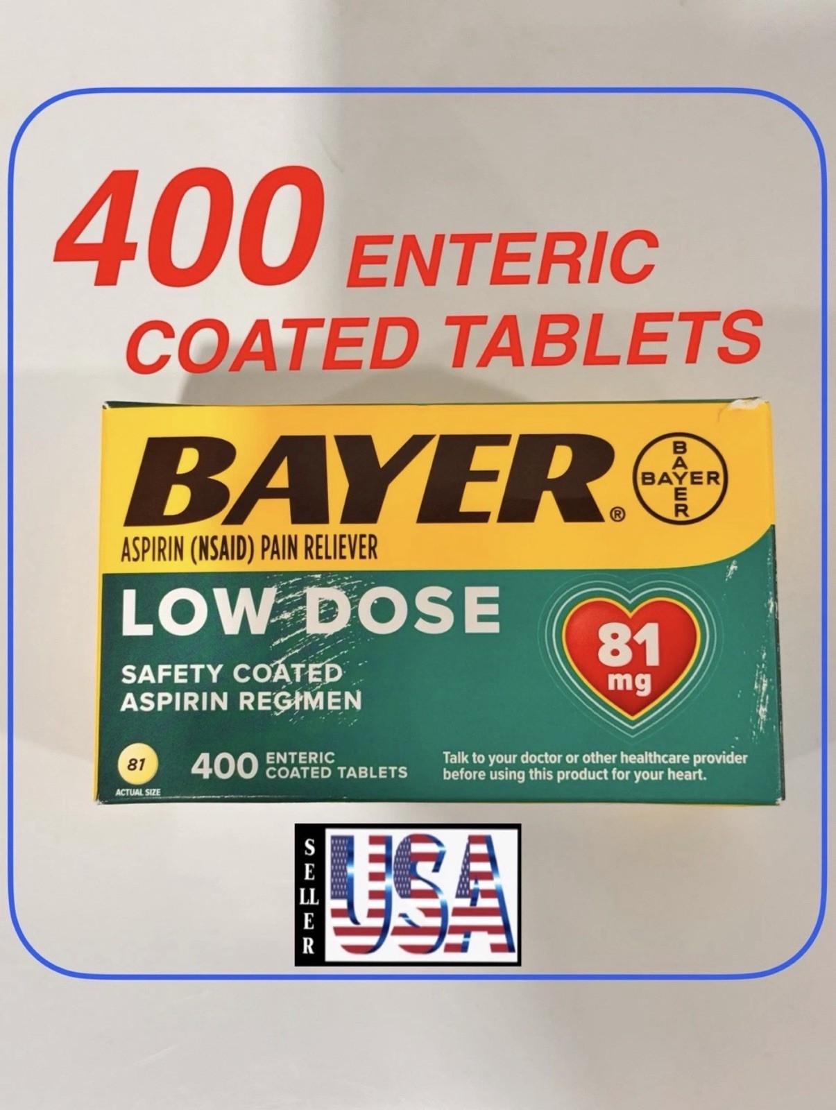 400 Tablets, Bayer Low Dose Aspirin 81mg, Enteric Coated, ASPIRIN 81mg, Sealed