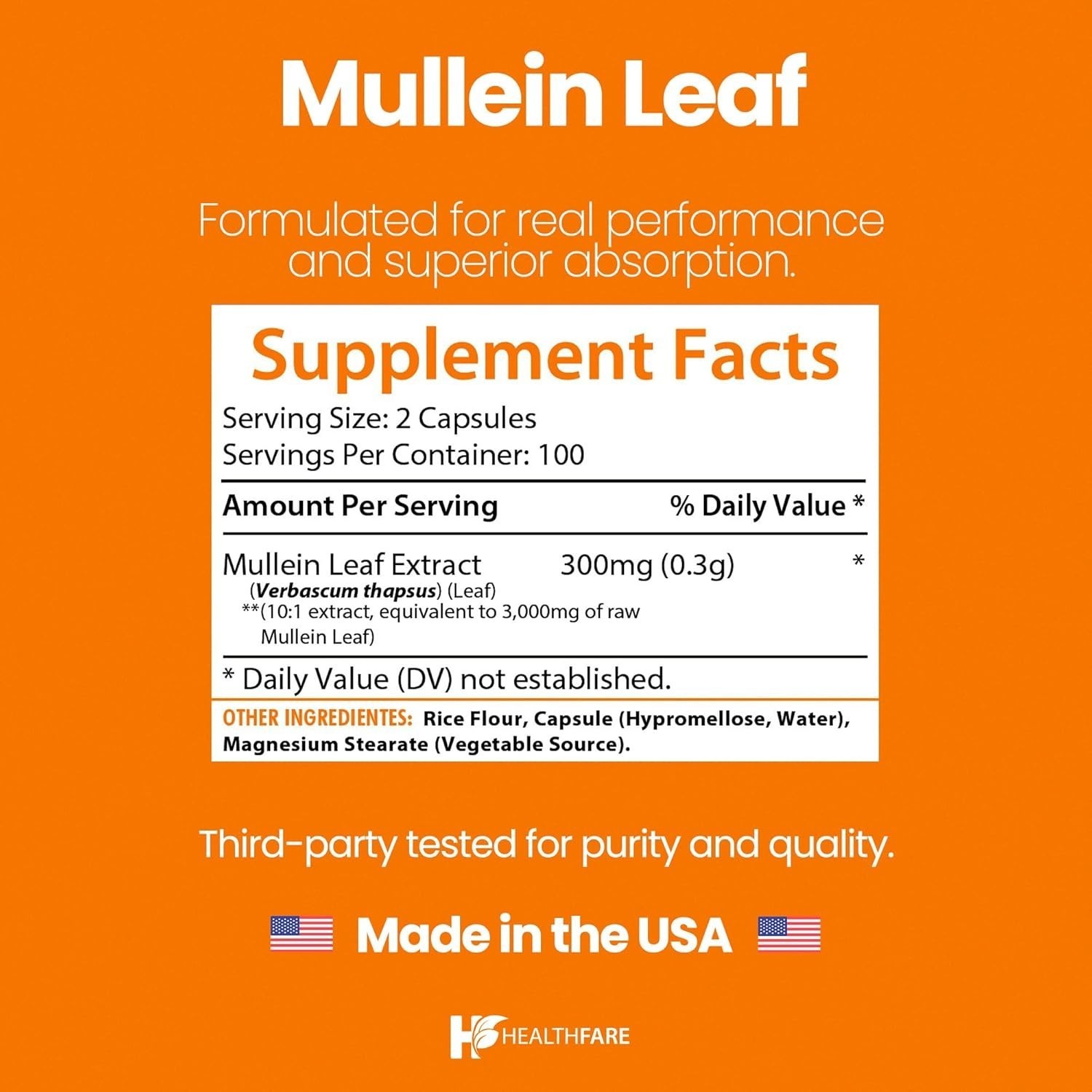 Healthfare Mullein Leaf Capsules | 3000mg | 200 Count | Support Lung Cleanse