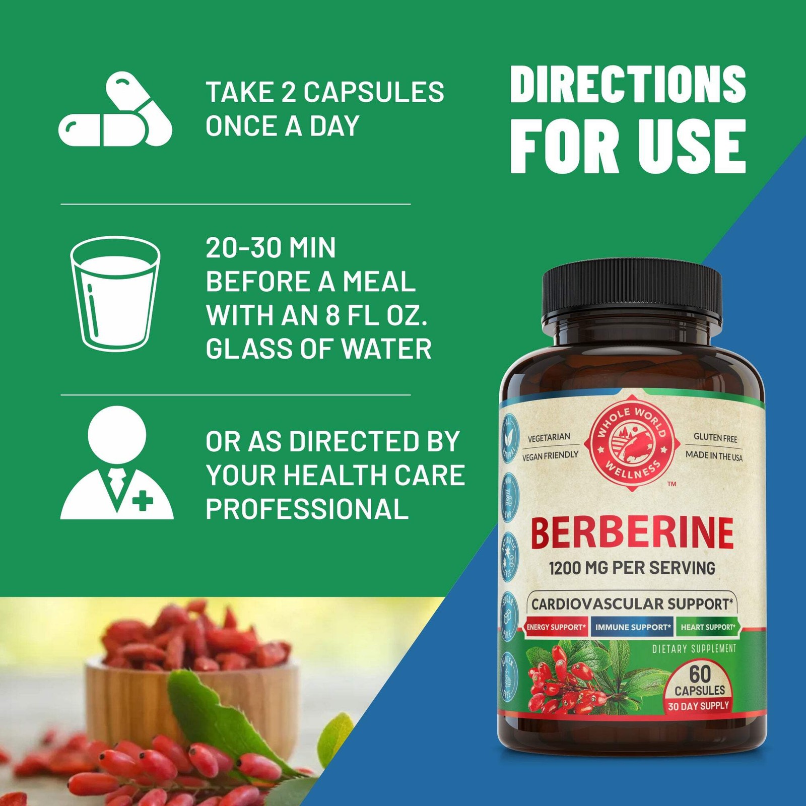 1200mg Berberine Herbal Supplement 30 Day Supply. USA Made.