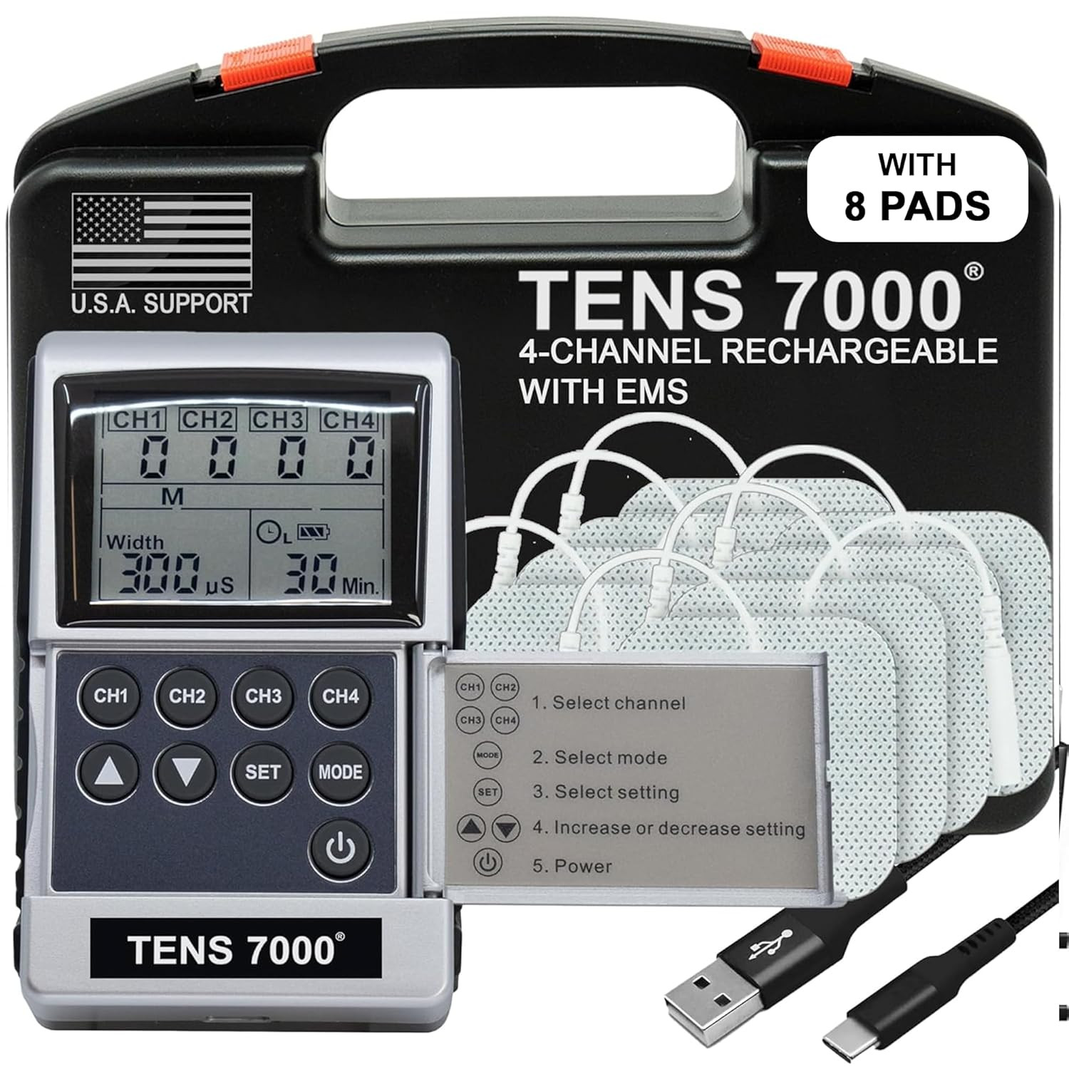 Pro Rechargeable Tens Unit Muscle Stimulator, 4 Channels, Back Pain