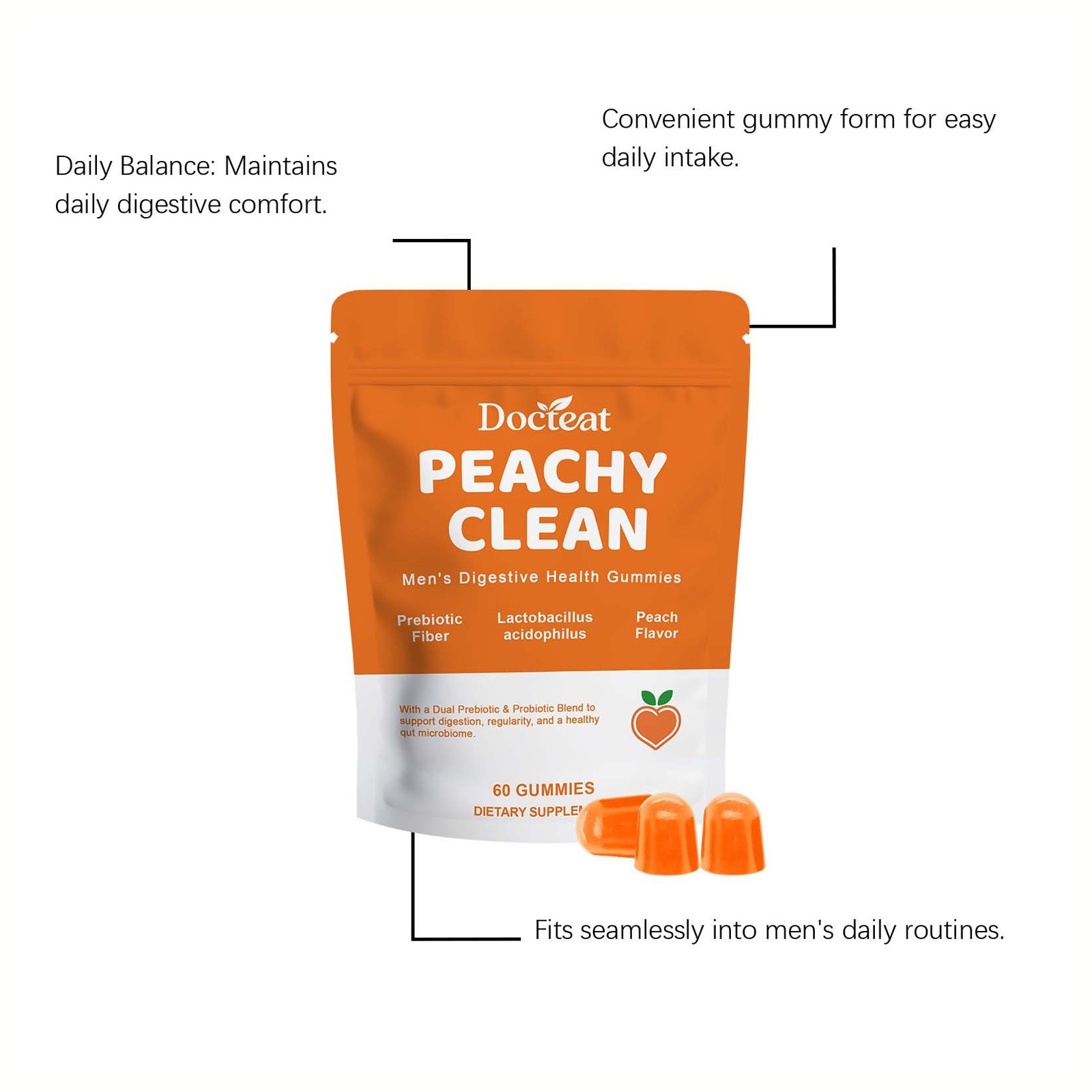 Peachy Clean Prebiotic Fiber Gummy, Clean Fiber Gummies for Men
