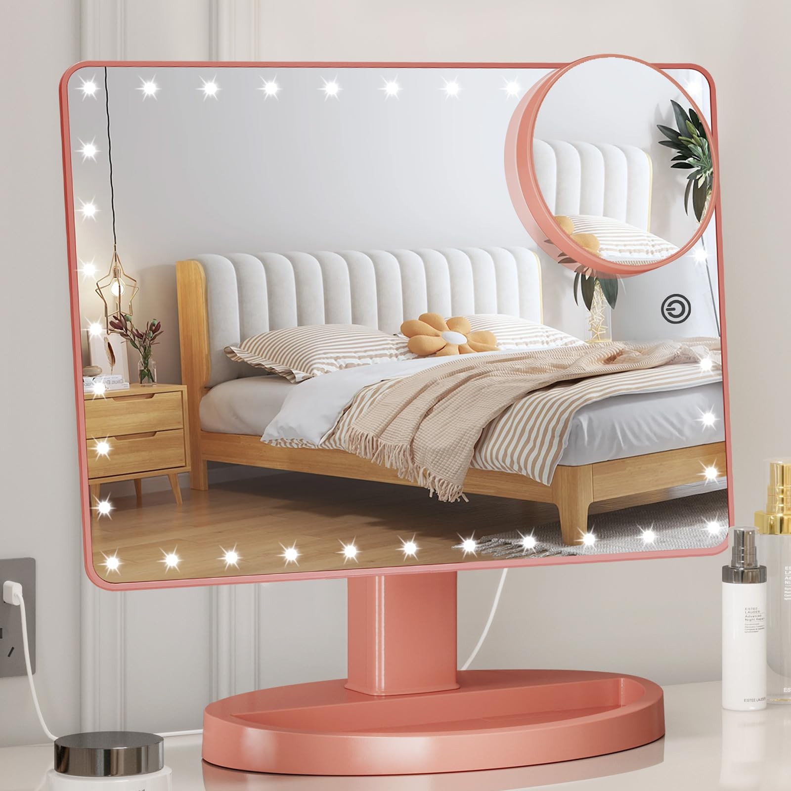Large Tabletop LED Makeup Vanity Mirror Touch Screen 10X Magnifier Desk 360