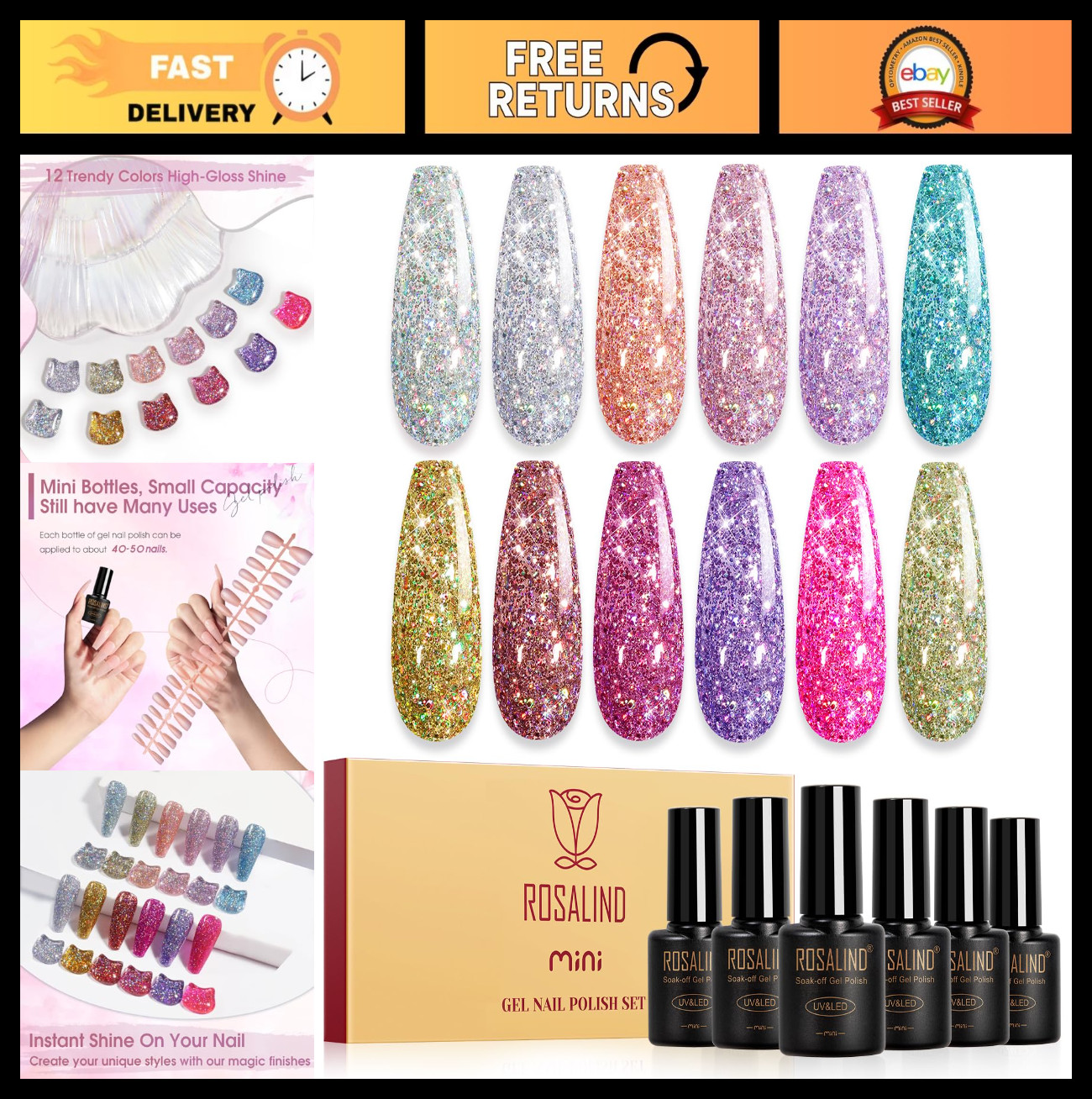 12 Colors Glitter Gel Nail Polish Set – Silver Gold Sparkle Soak Off UV Manicure