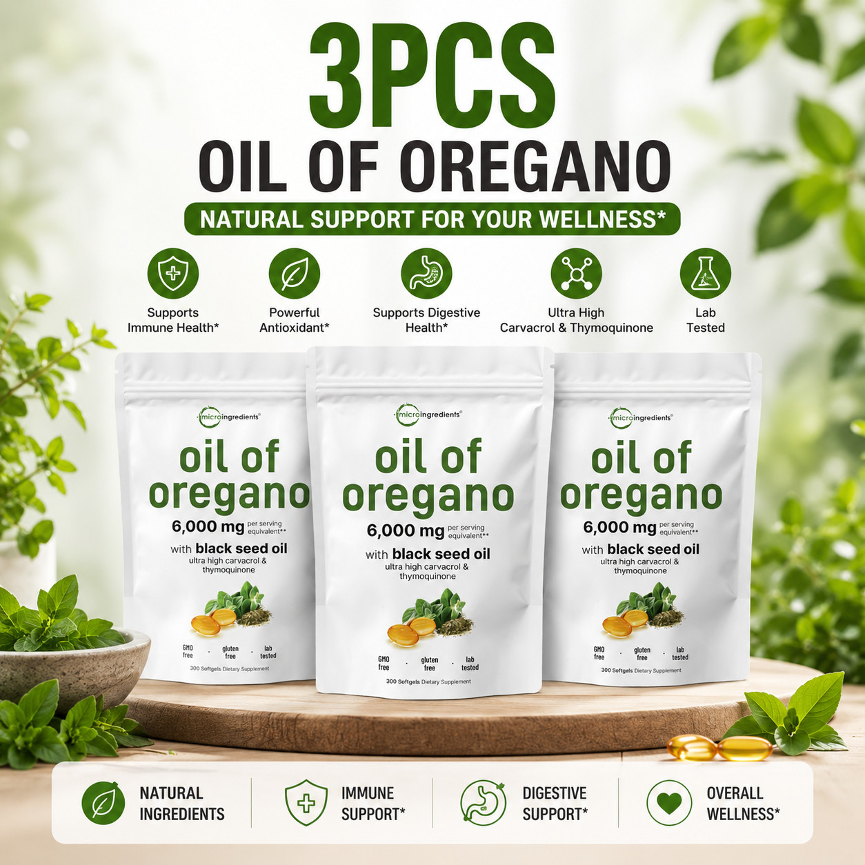 Micro Ingredients Oil of Oregano 6000mg with Black Seed Oil 300 Softgels