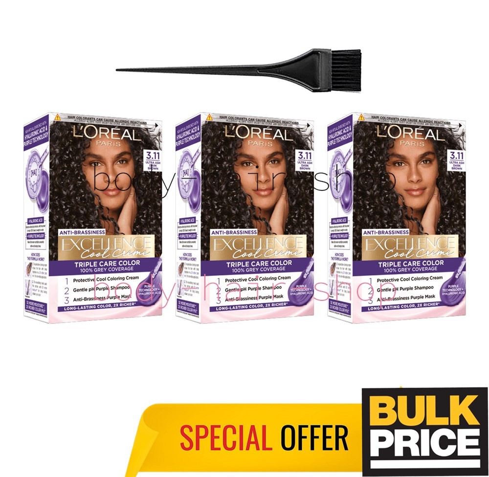 L’Oreal Excellence 3.11 Ultra Ash Dark Brown Anti-Brass Hair Color Cream 3-Pack
