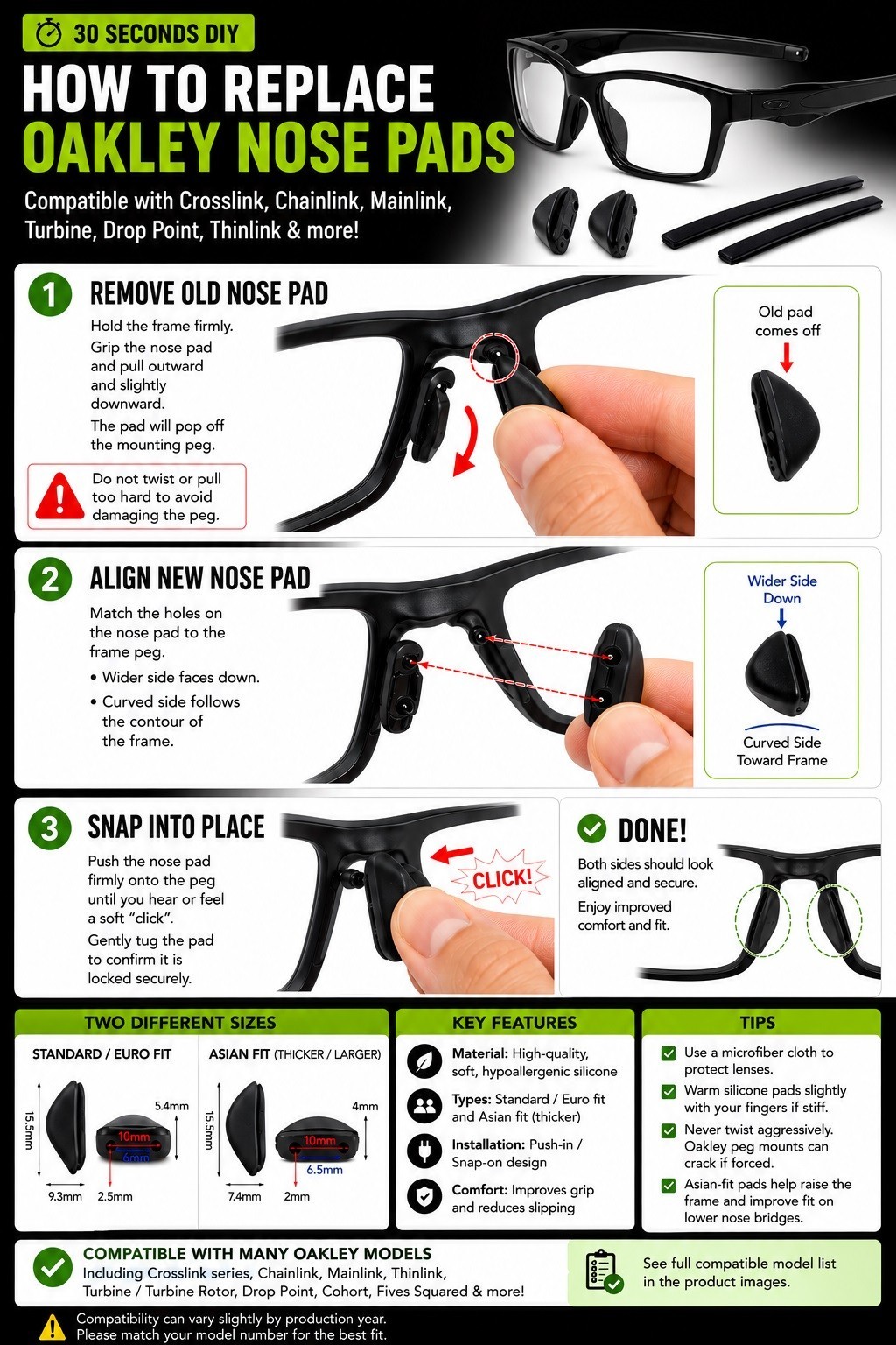 Earsocks Nose Pad For-Oakley Crosslink OX8027 OX8029 8030 8031 8033 3128 Black