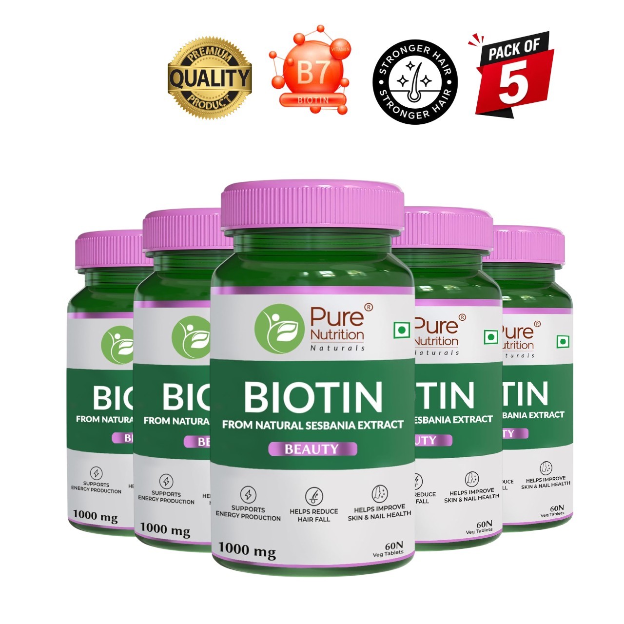 5 Pack Pure Nutri.tion Biotin 60 Tabs Hair Skin Support