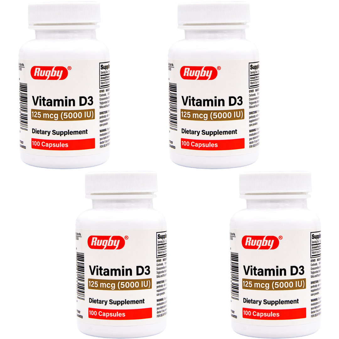 Rugby Vitamin D3 125mcg 5000 IU – 100 Capsules | Gluten Free | 2-2026 (4 Pack)
