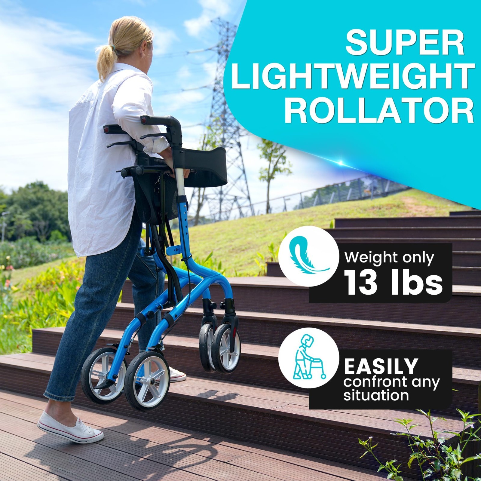 PLANET WALK Rollator Walker for Seniors Foldable Seat 8″ Wheels Blue 300lb