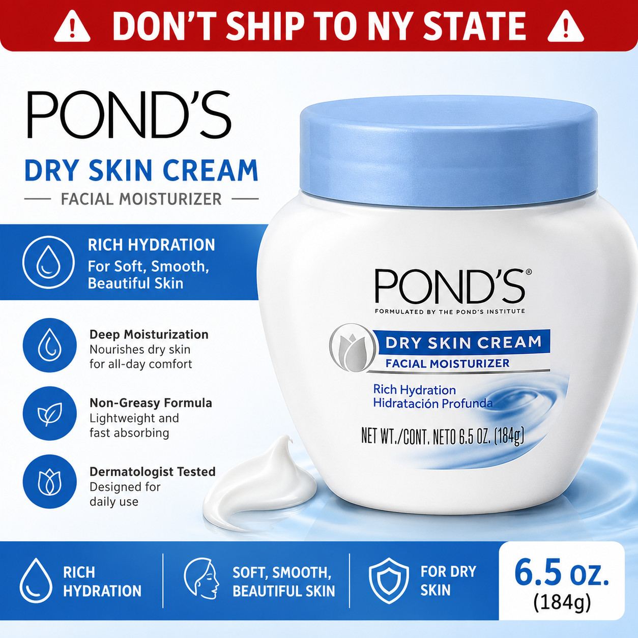 Pond’s Dry Skin Cream 6.5 oz Face Moisturizer Rich Hydrating Facial Moisturizer