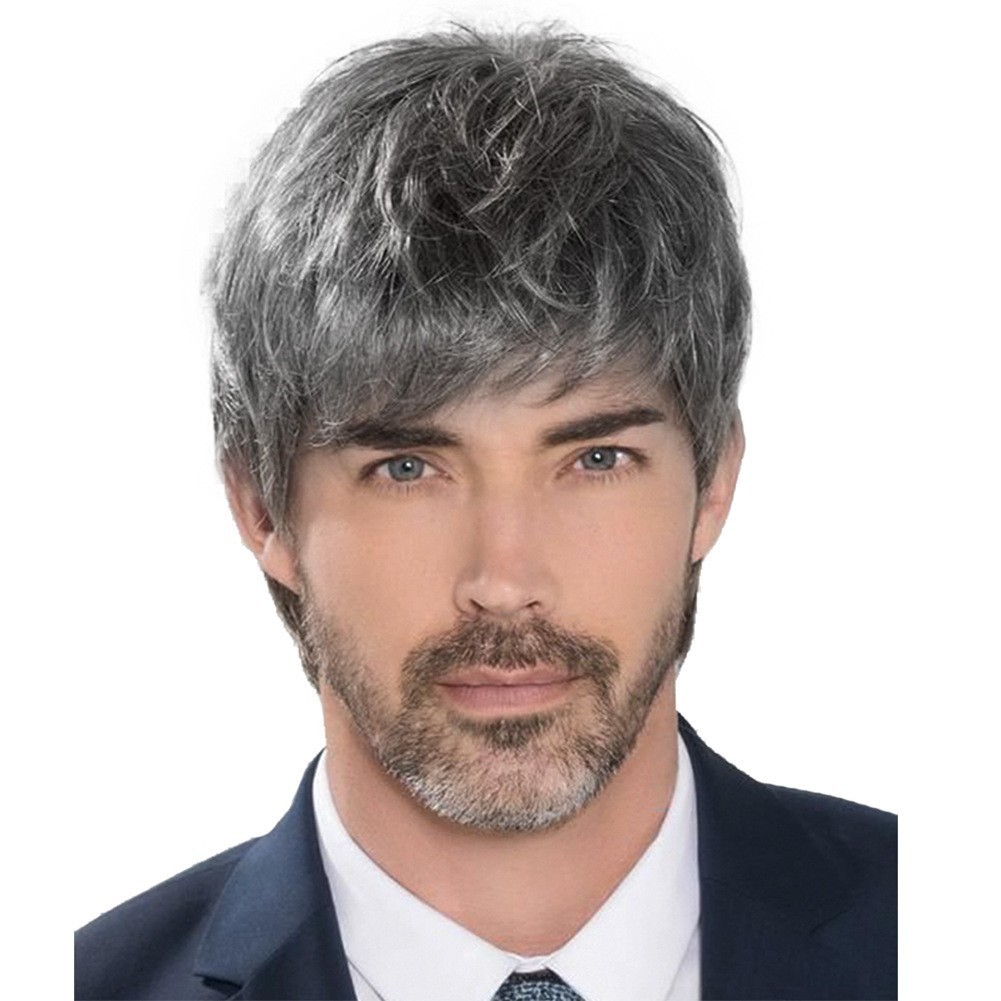 Mens Wigs Short Hair Synthetic Layered Full Wig for Men Short Grey Hair Cosplay