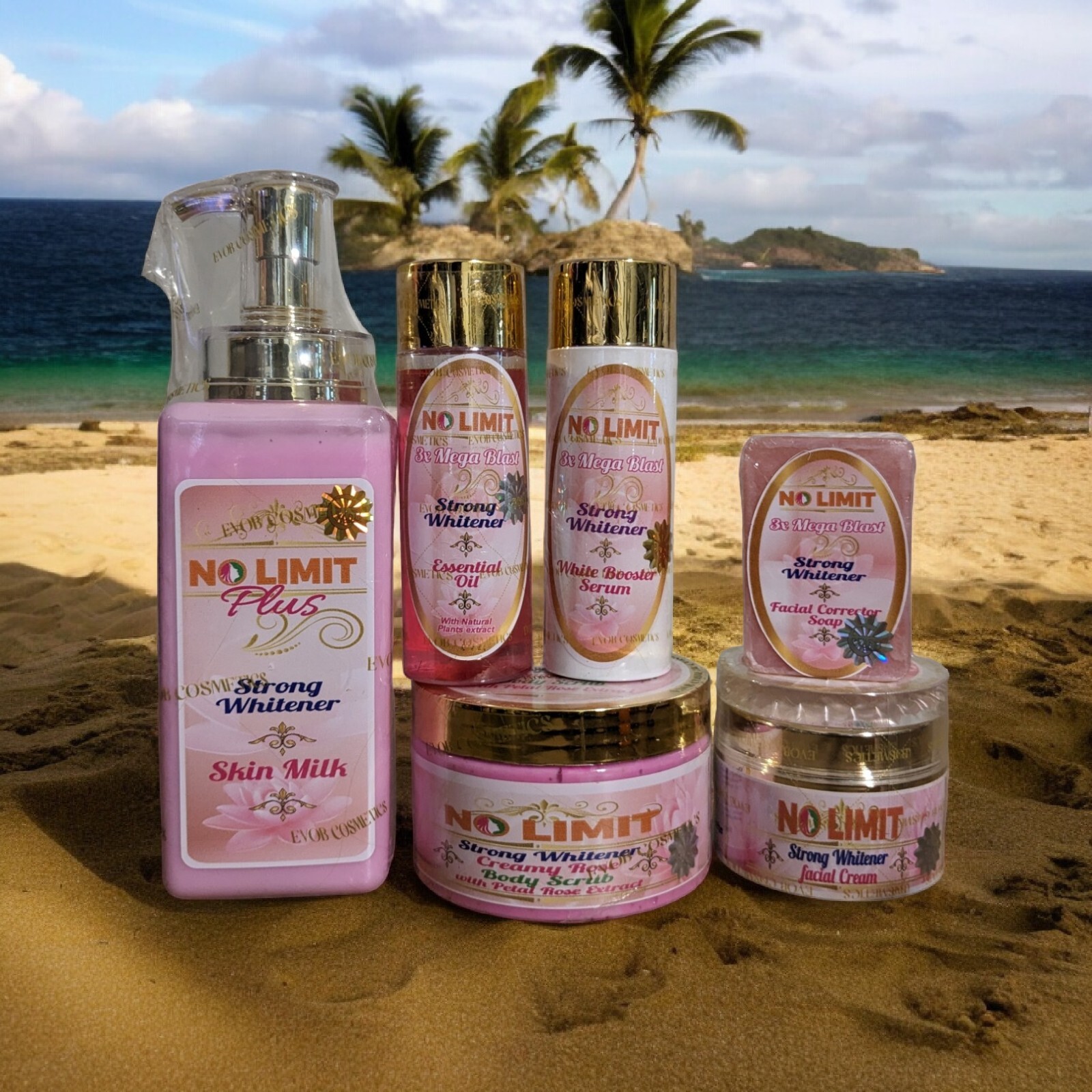 6pcs. No Limit plus Lotion, Serum, Oil, Face Cream & Face soap, Body Scrub Evob