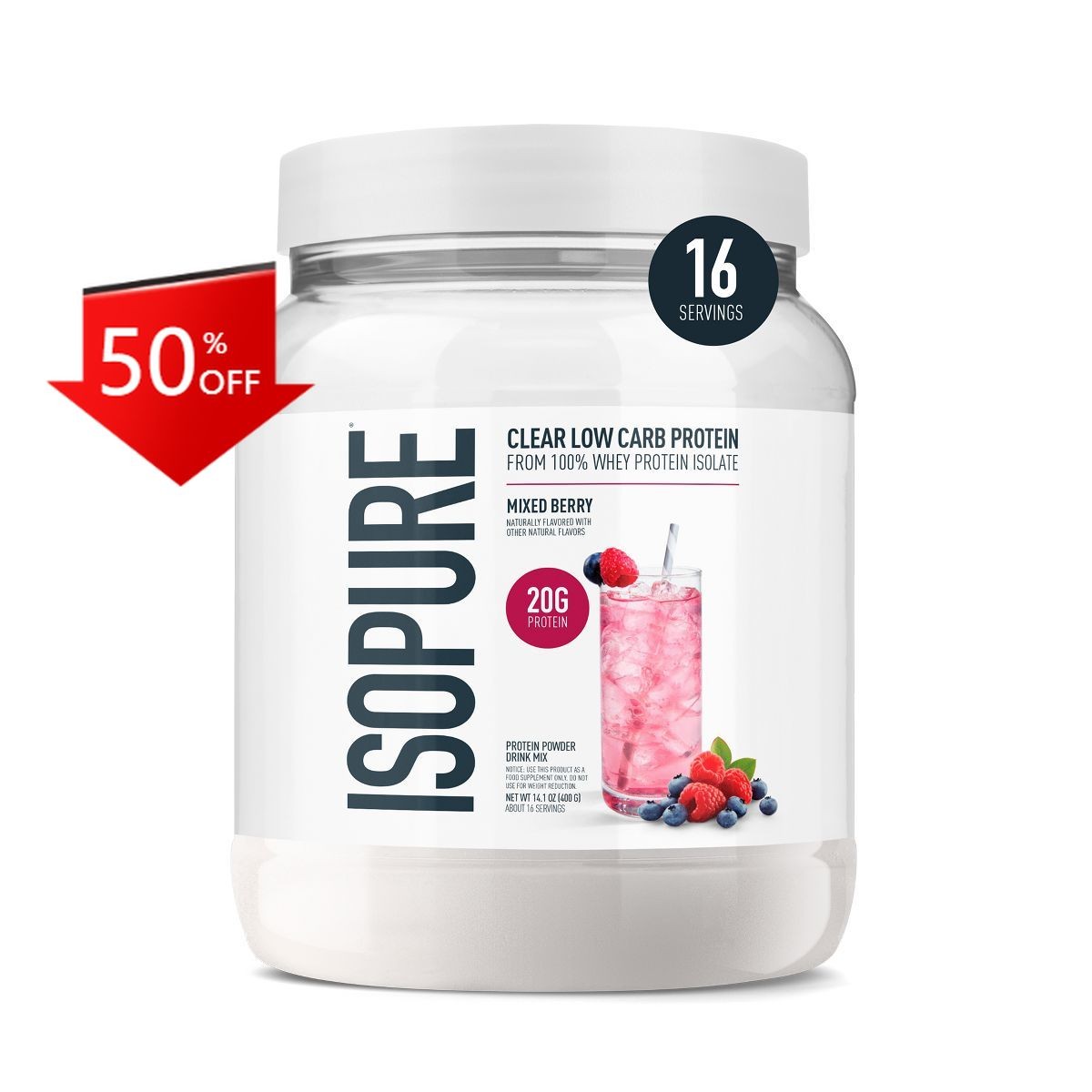 Isopure Clear 20g Whey Isolate Protein Powder – Mixed Berry – 16 Servings-14.1oz